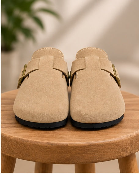 Suede-Look Buckle Clog Mules – Beige