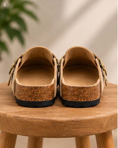 Suede-Look Buckle Clog Mules – Beige