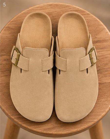 Suede-Look Buckle Clog Mules – Beige