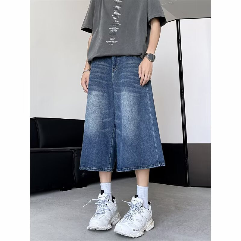 Washed wide leg seven quarter jeans for men