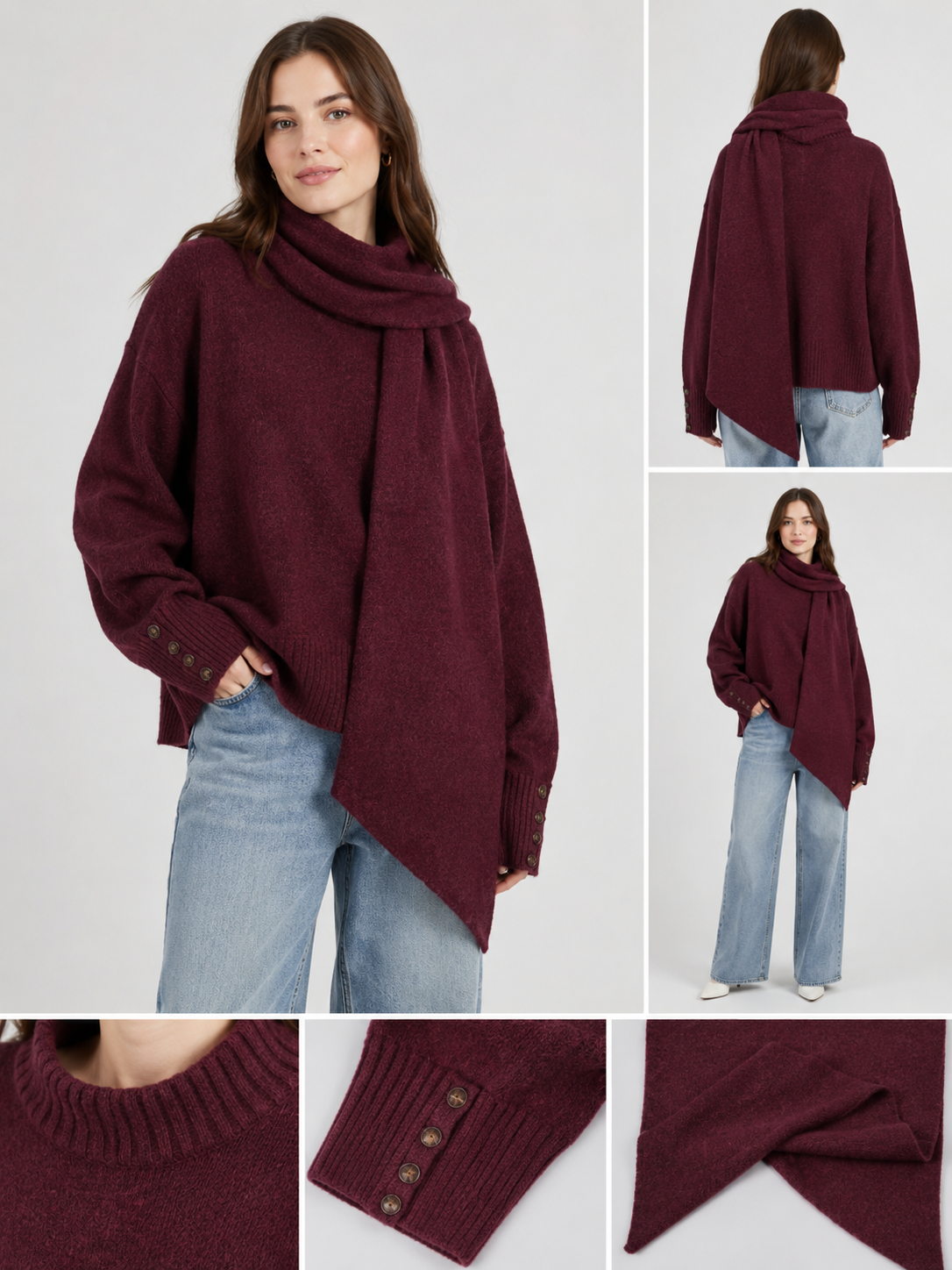 Pull en maille bordeaux avec écharpe assortie