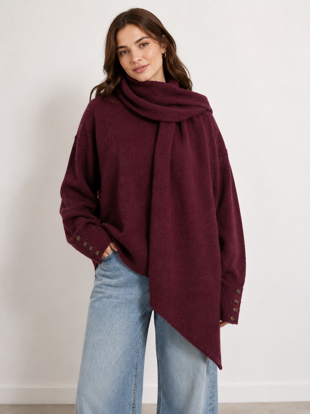 Pull en maille bordeaux avec écharpe assortie