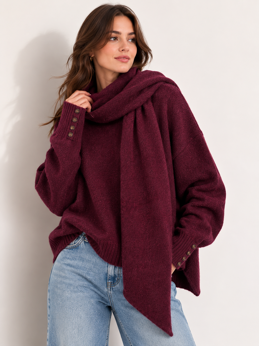 Pull en maille bordeaux avec écharpe assortie