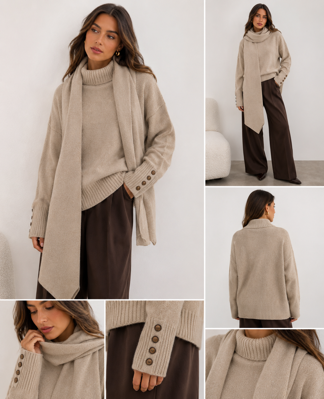 Beige Knit Sweater with Matching Scarf