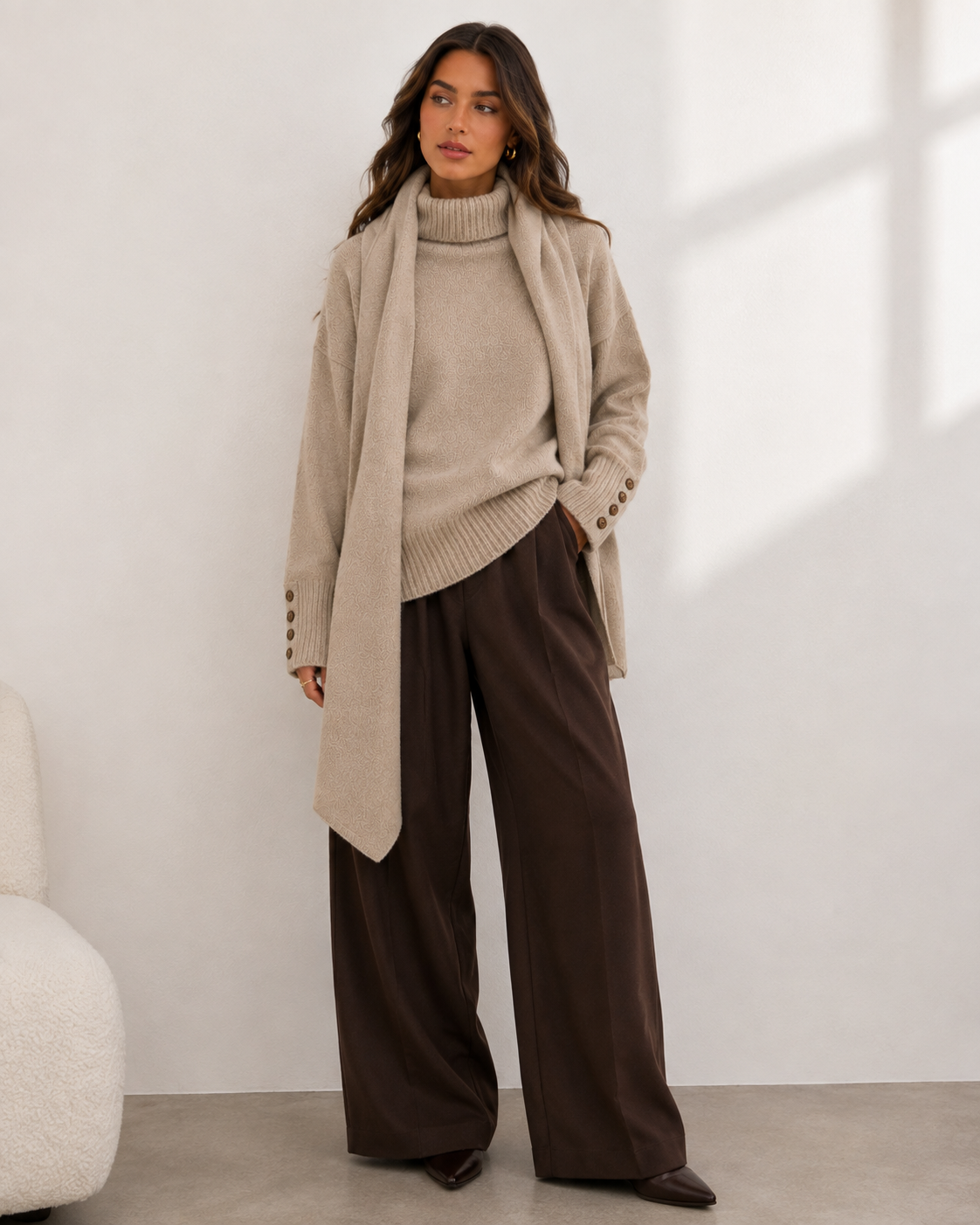 Beige Knit Sweater with Matching Scarf