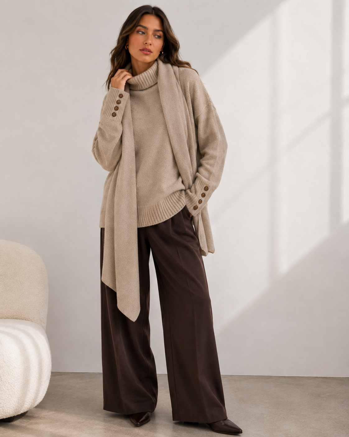 Beige Knit Sweater with Matching Scarf