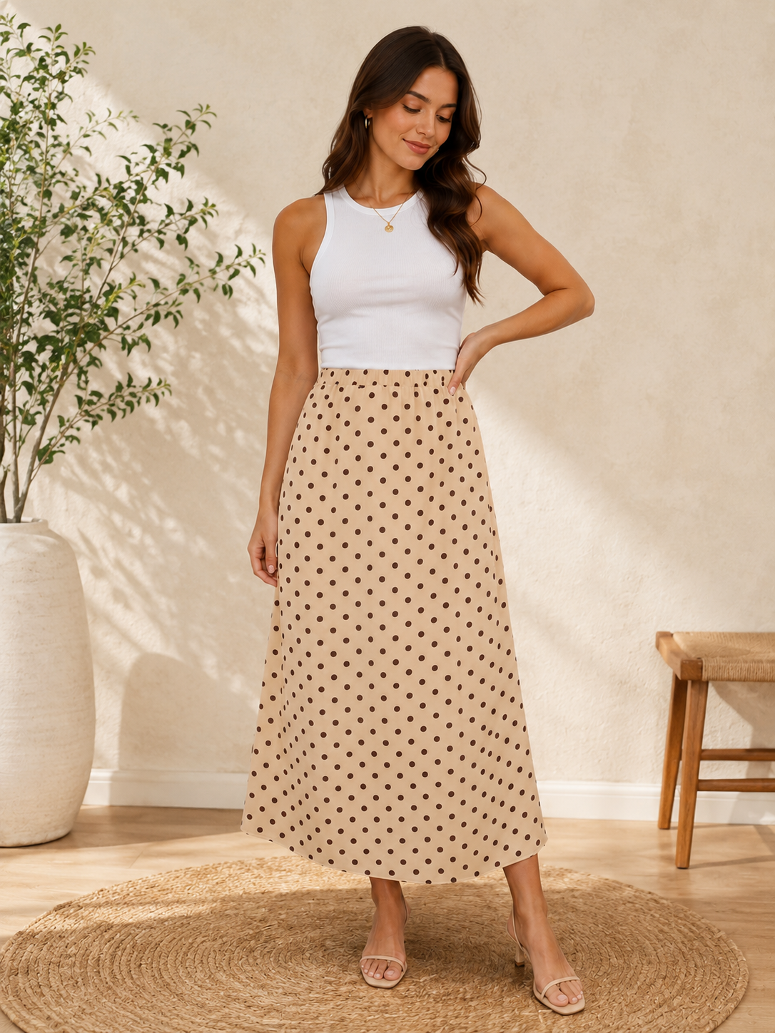 Jupe mi-longue satinée à pois pour femme – Beige et marron