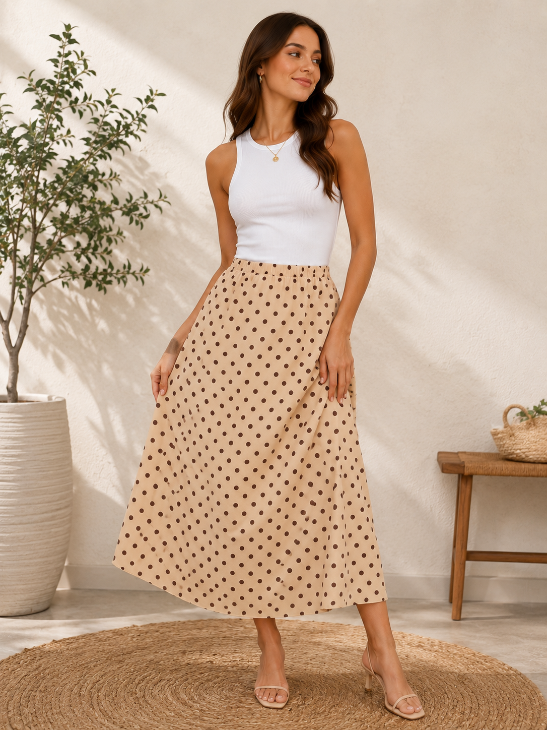 Jupe mi-longue satinée à pois pour femme – Beige et marron