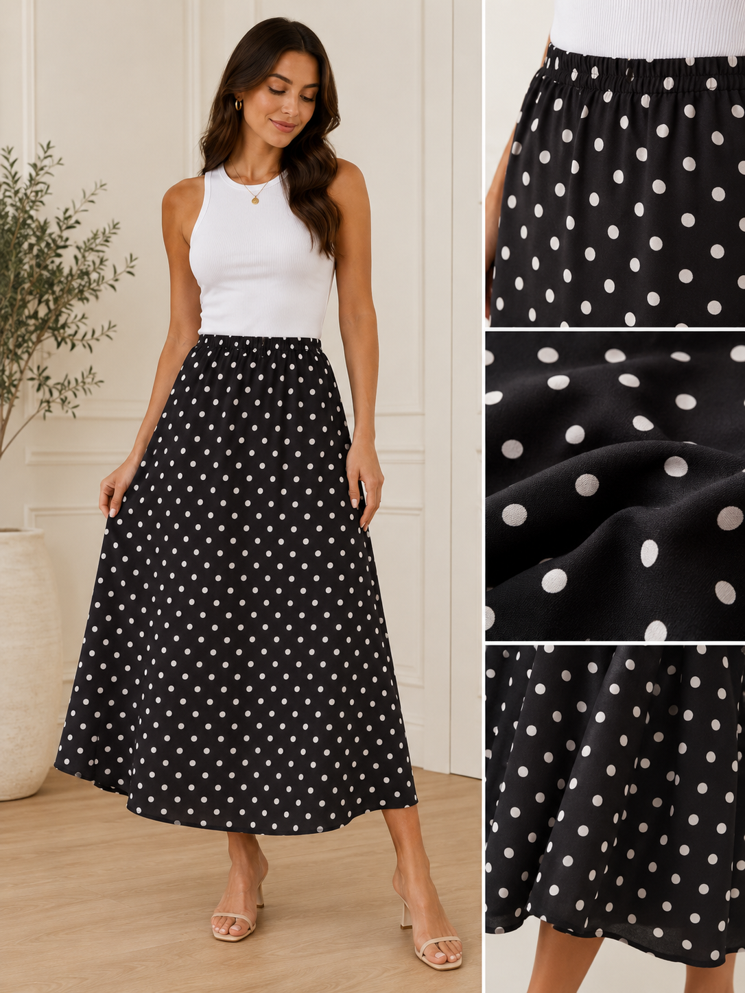 Jupe longue à pois pour femme – Noir et blanc
