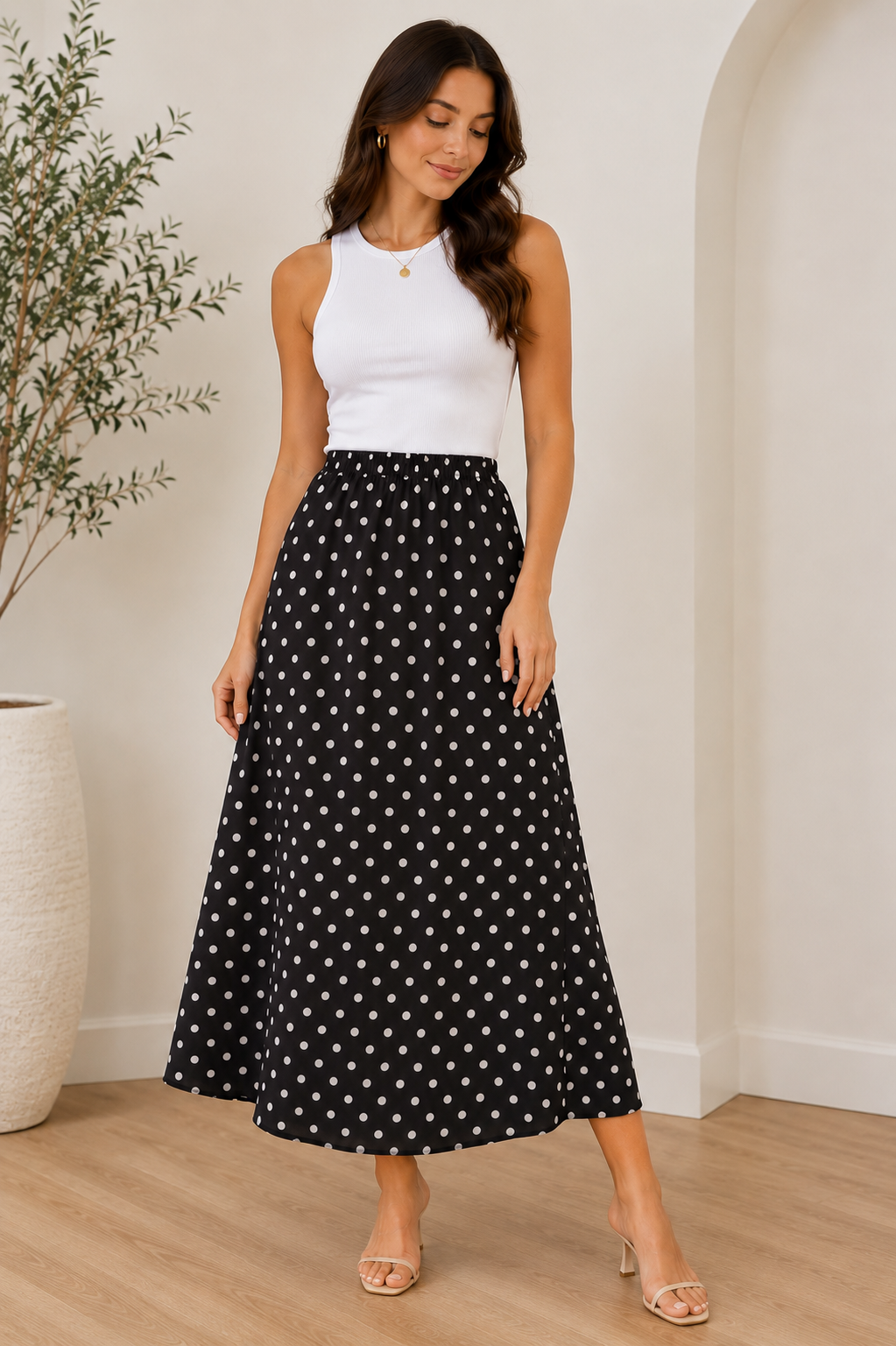 Jupe longue à pois pour femme – Noir et blanc