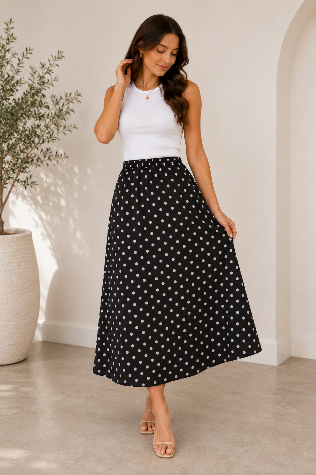 Jupe longue à pois pour femme – Noir et blanc