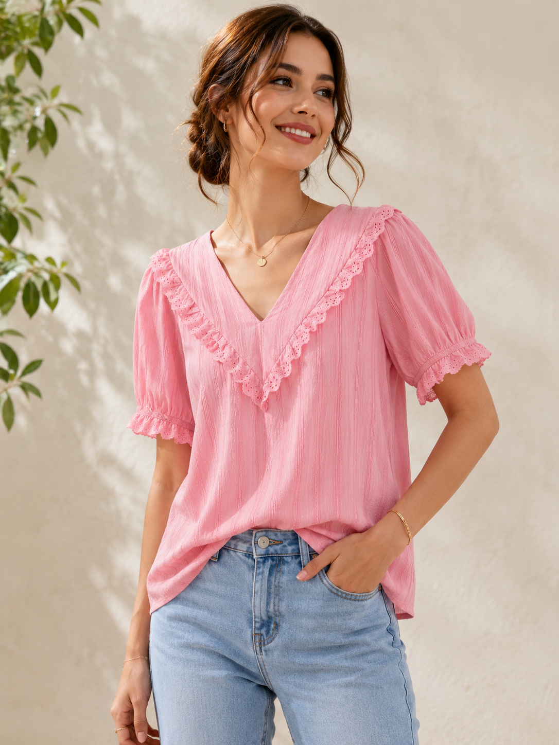 Chemisier Bohème Femme Bordure Dentelle – Rose