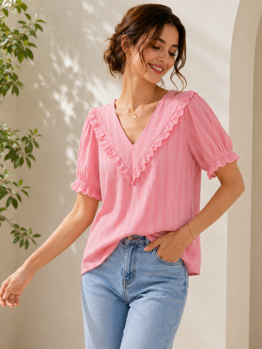 Chemisier Bohème Femme Bordure Dentelle – Rose