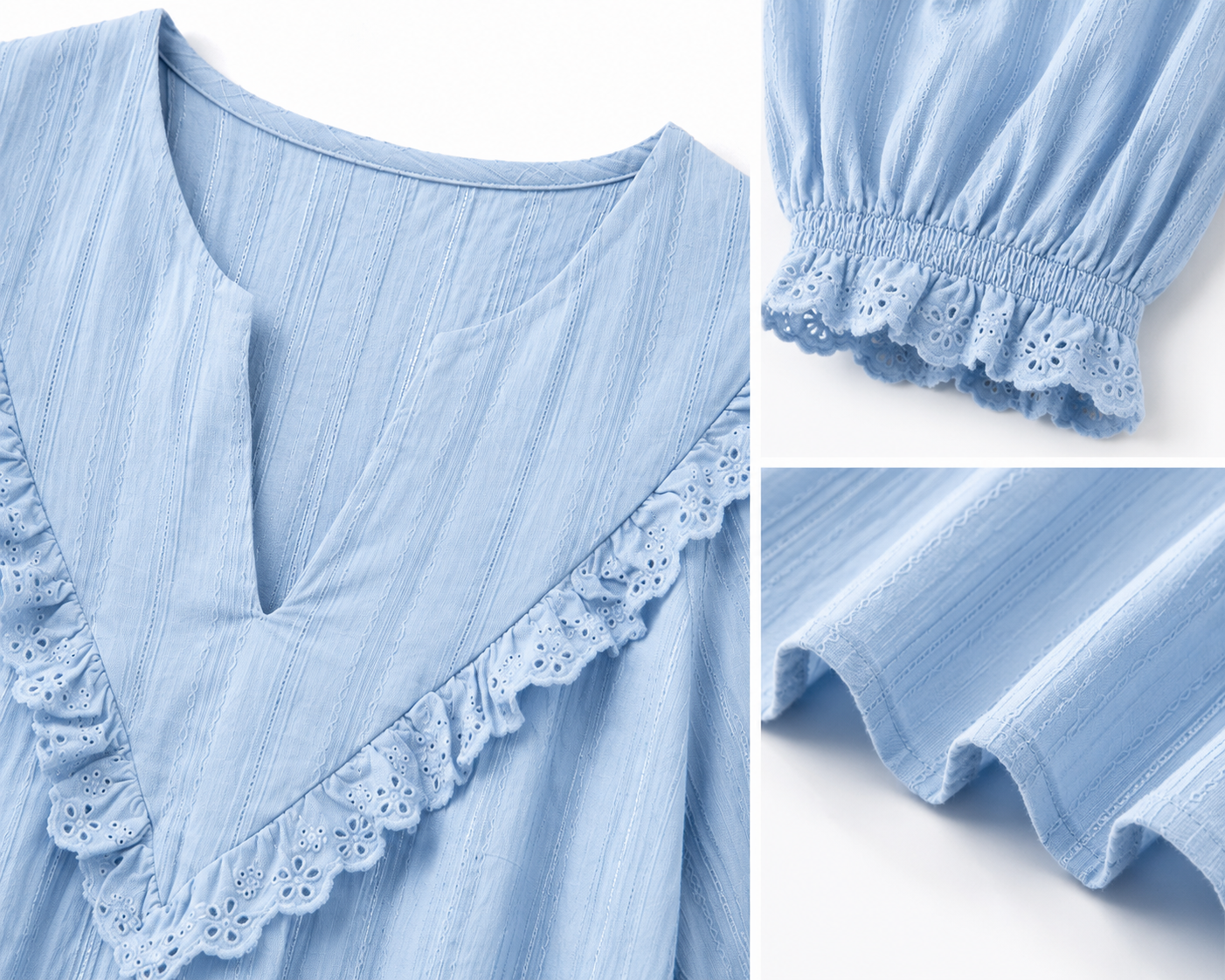 Chemisier bohème à bordure en dentelle pour femme – Bleu ciel