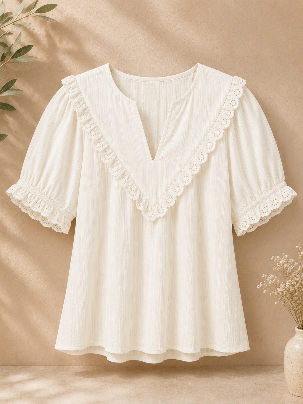 Women's Boho Lace Trim Blouse – White