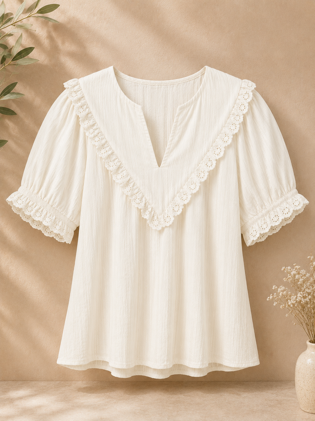 Chemisier Bohème Femme avec Bordure en Dentelle – Blanc