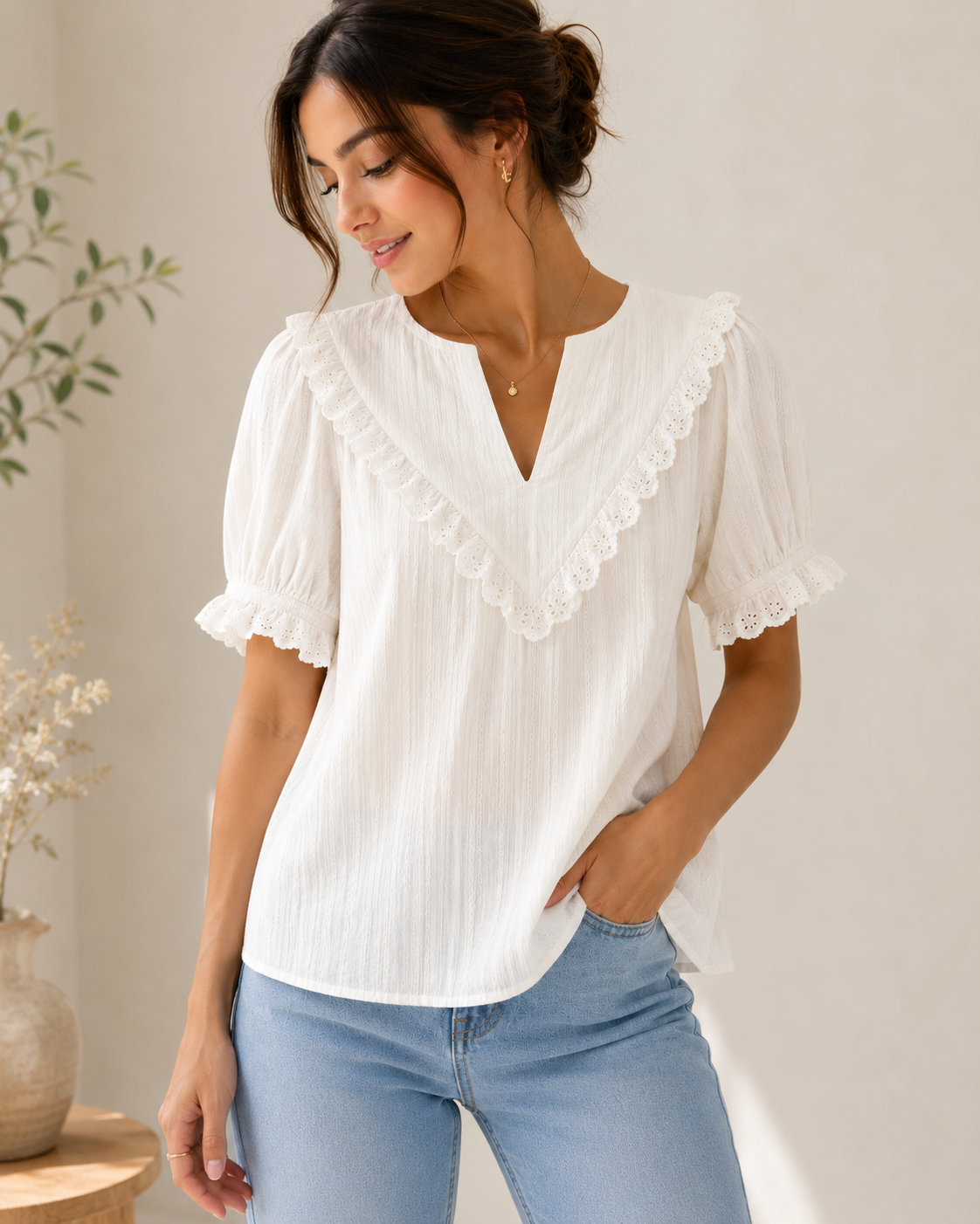 Chemisier Bohème Femme avec Bordure en Dentelle – Blanc