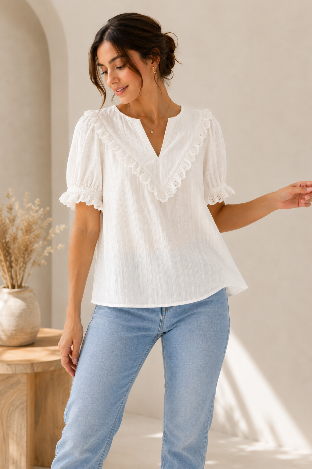 Chemisier Bohème Femme avec Bordure en Dentelle – Blanc