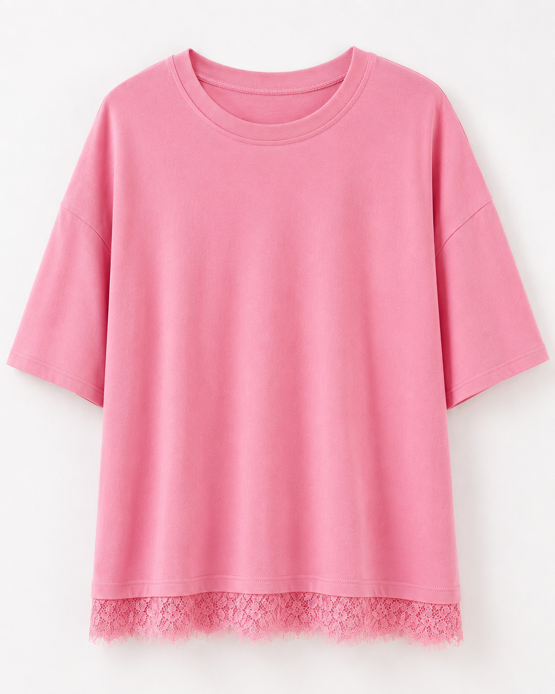 T-shirt ample à ourlet en dentelle pour femme – Rose