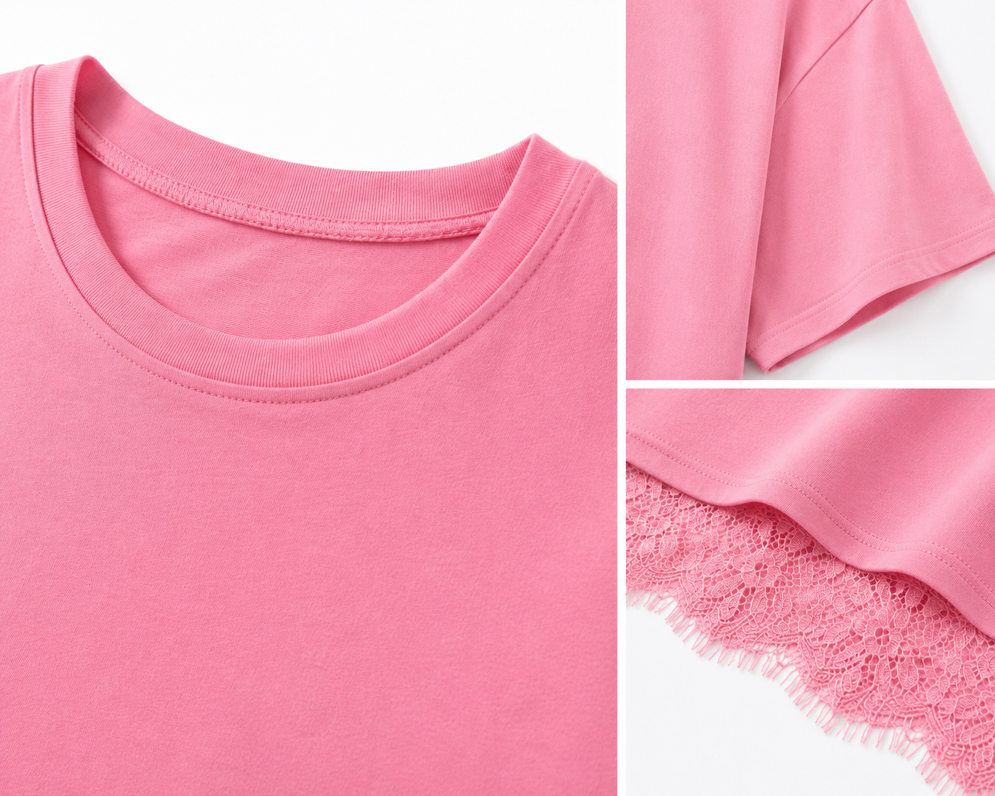 T-shirt ample à ourlet en dentelle pour femme – Rose