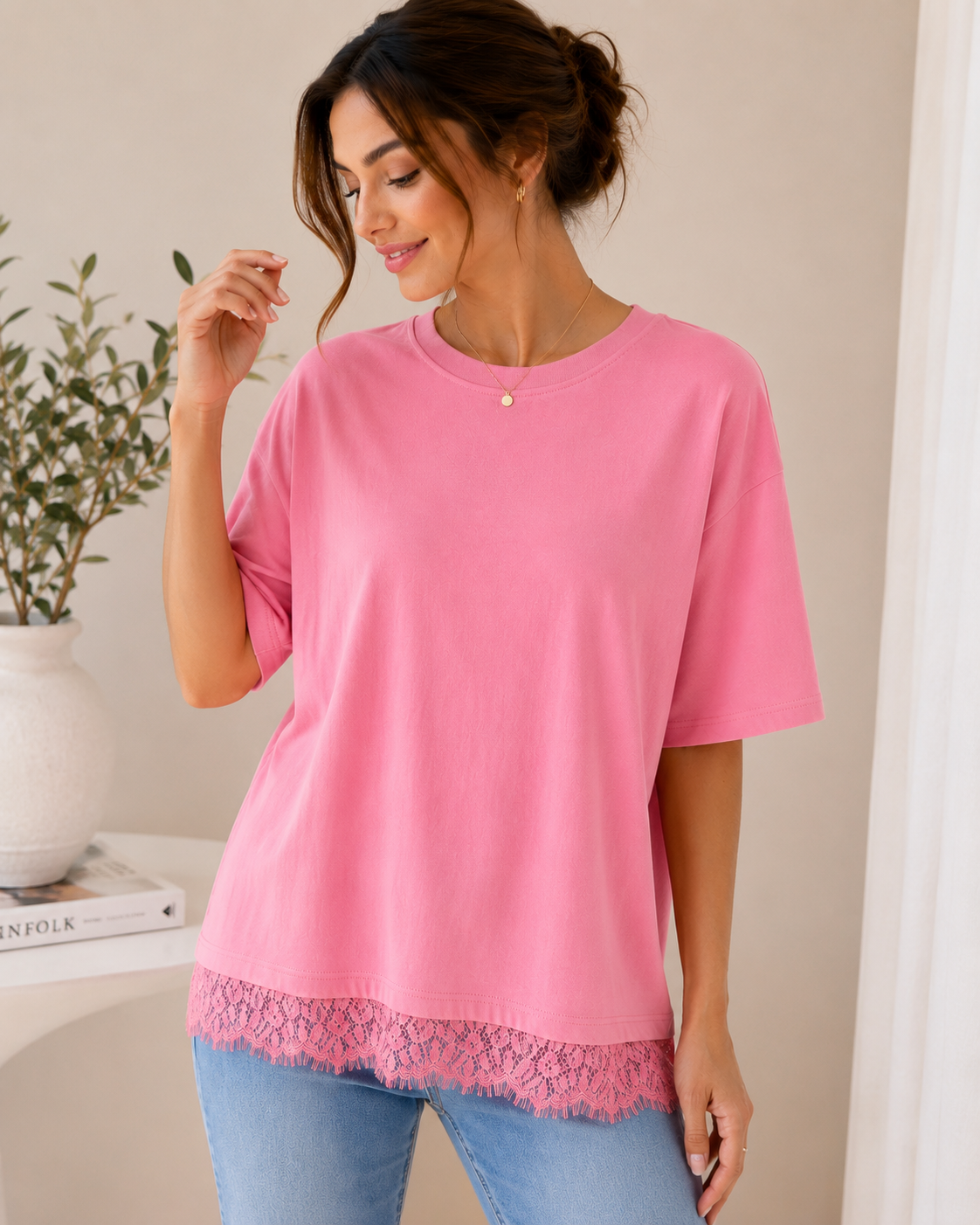 T-shirt ample à ourlet en dentelle pour femme – Rose