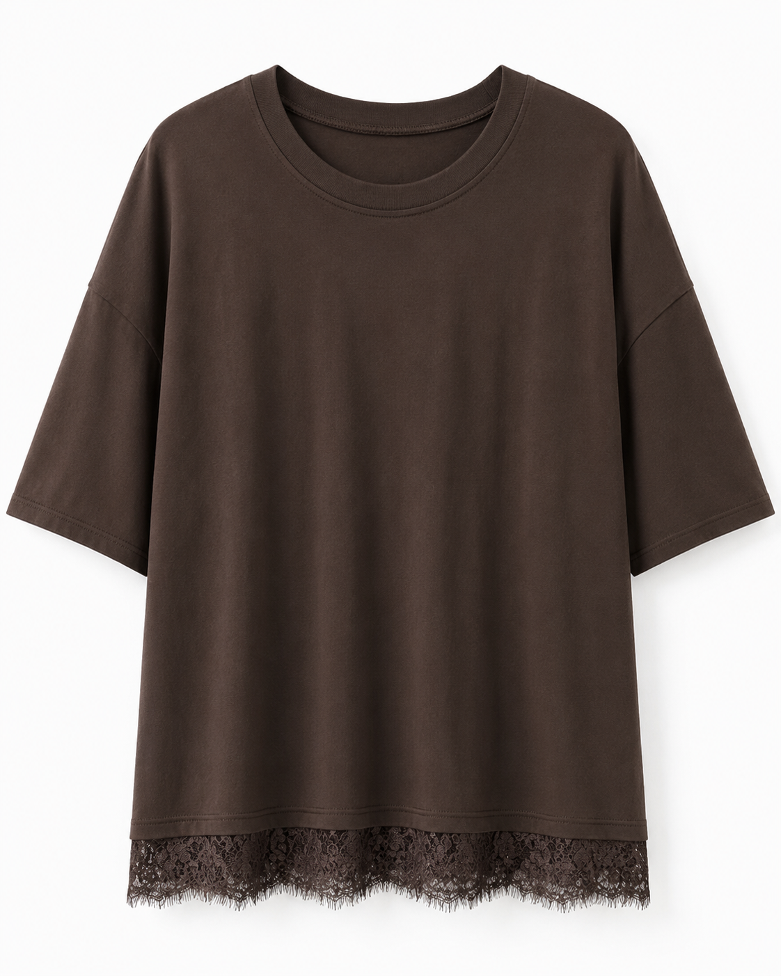 T-shirt ample à ourlet en dentelle pour femme – Marron chocolat