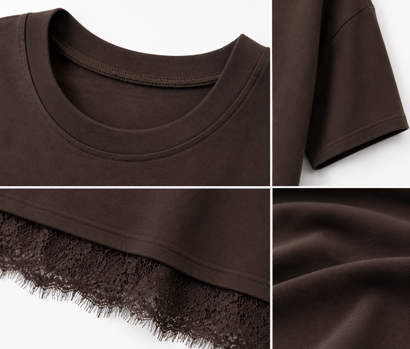 T-shirt ample à ourlet en dentelle pour femme – Marron chocolat