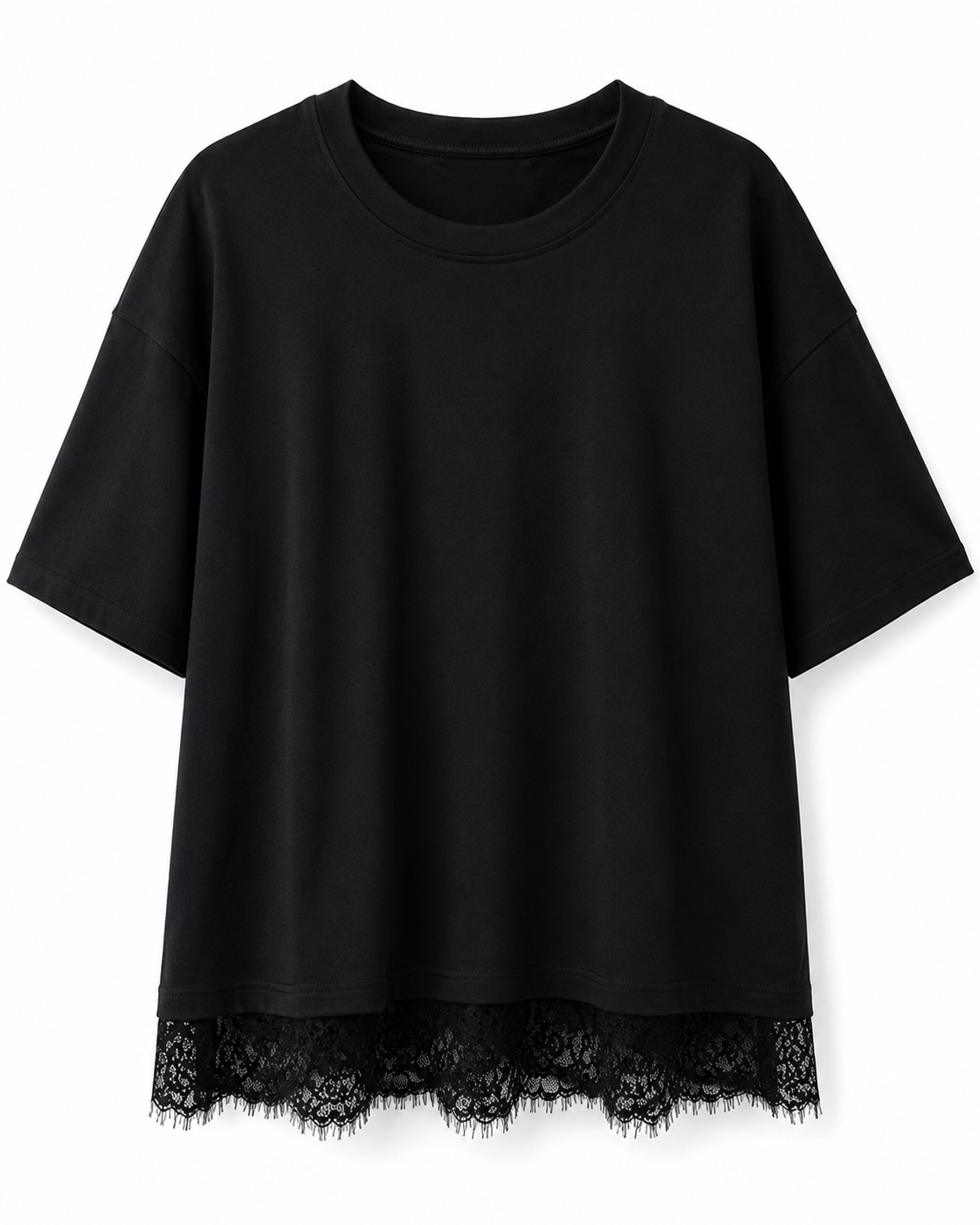 T-shirt ample pour femme à ourlet en dentelle – Noir