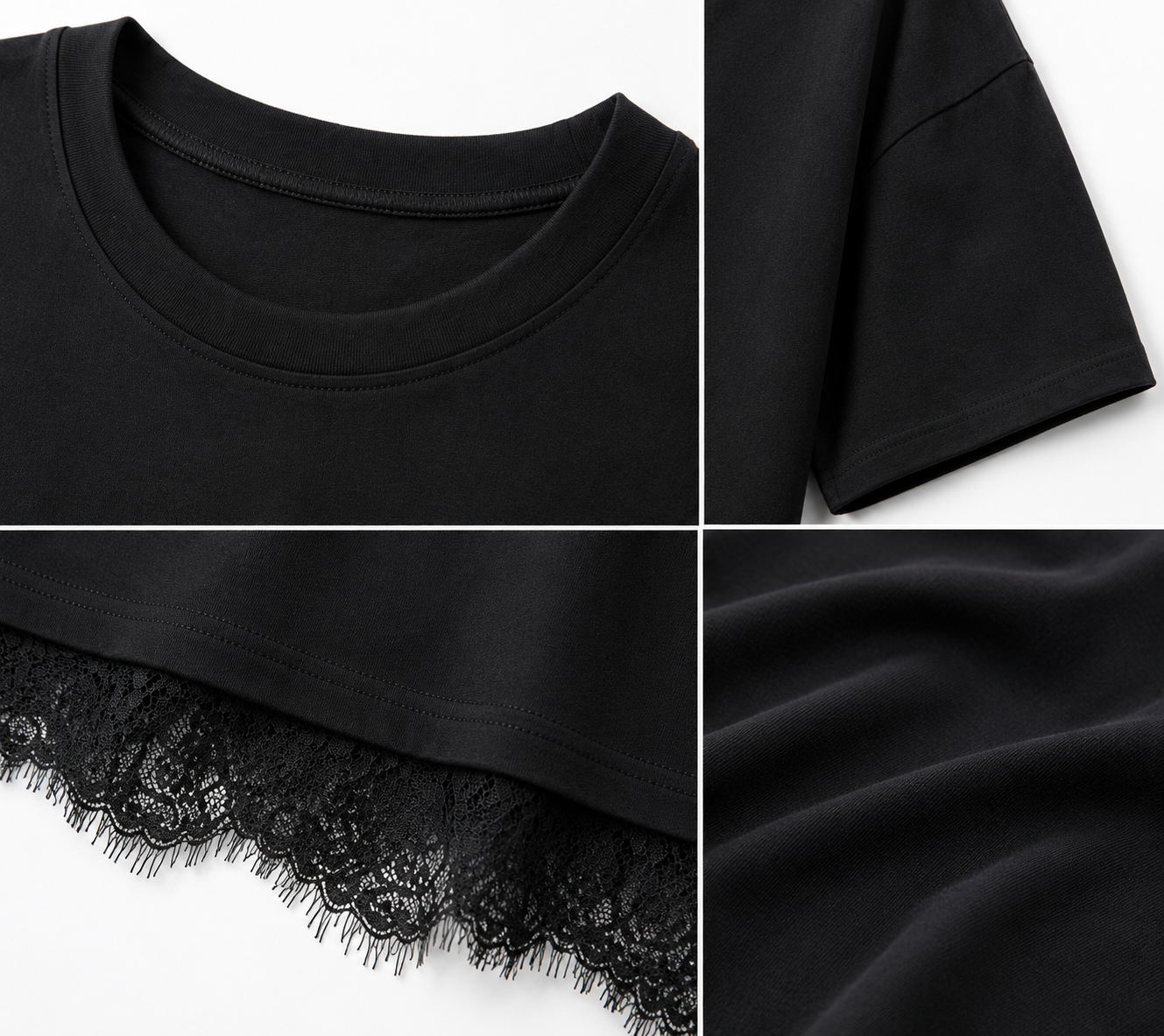 T-shirt ample pour femme à ourlet en dentelle – Noir