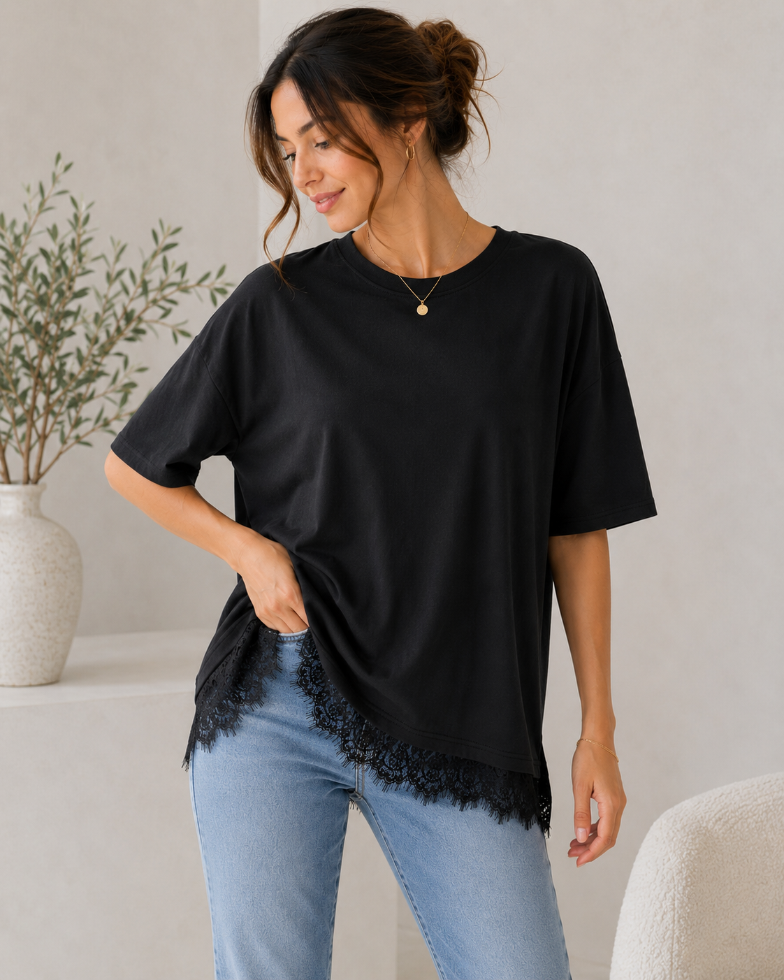 T-shirt ample pour femme à ourlet en dentelle – Noir