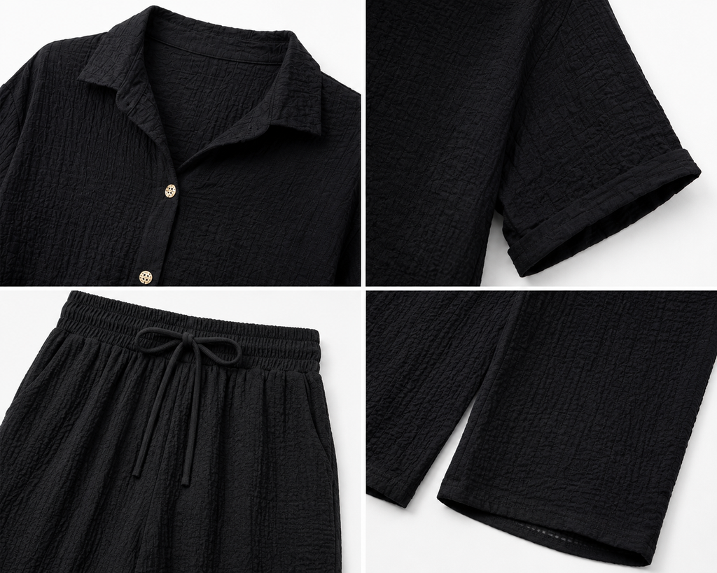 Women's Textured Two-Piece Lounge Set – Black