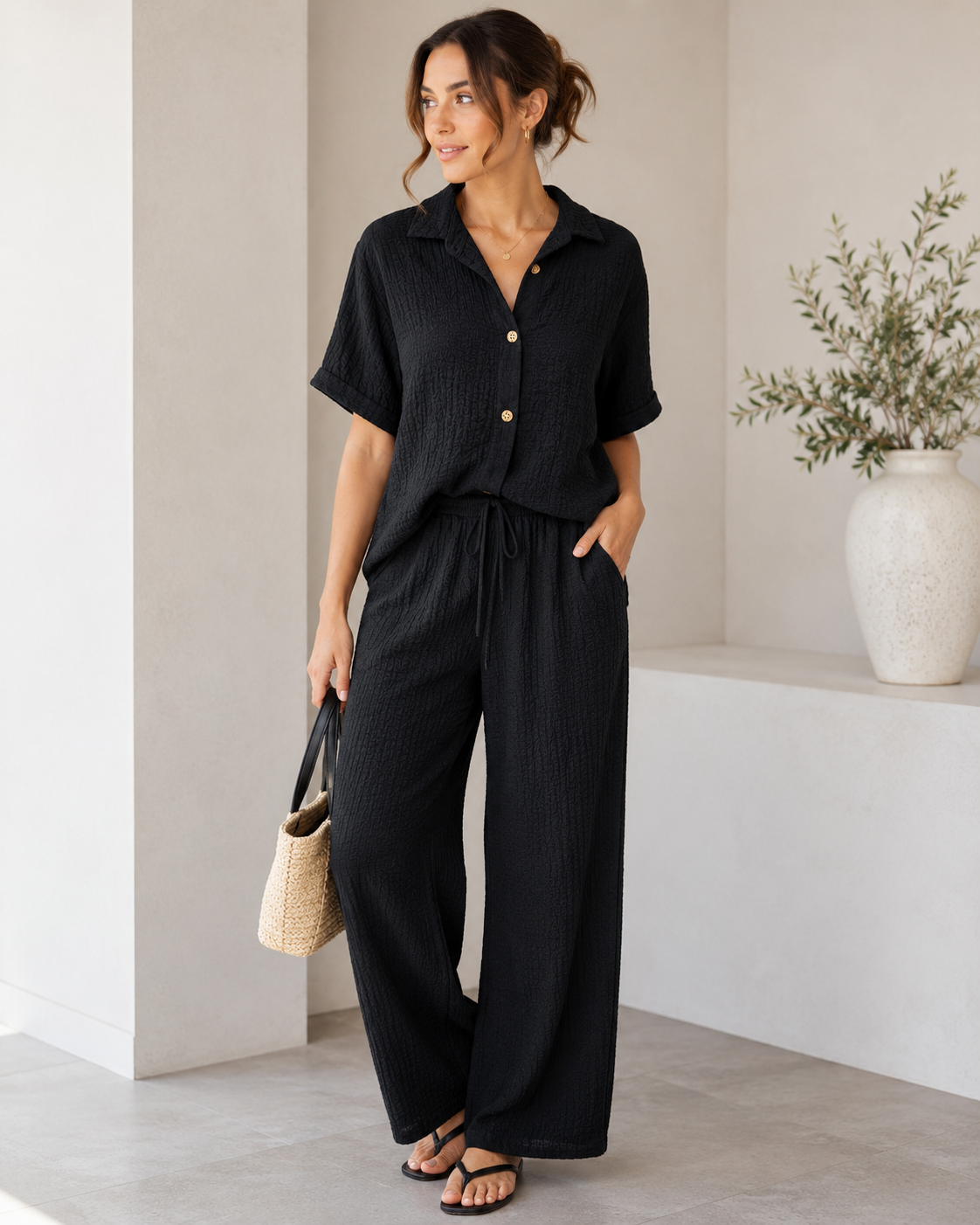 Ensemble de détente deux pièces texturé pour femme – Noir