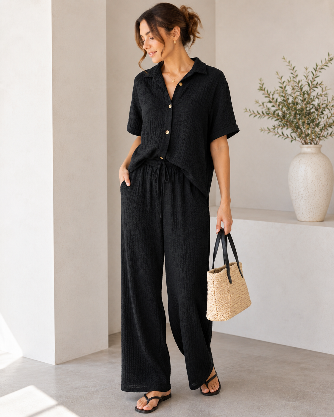 Ensemble de détente deux pièces texturé pour femme – Noir