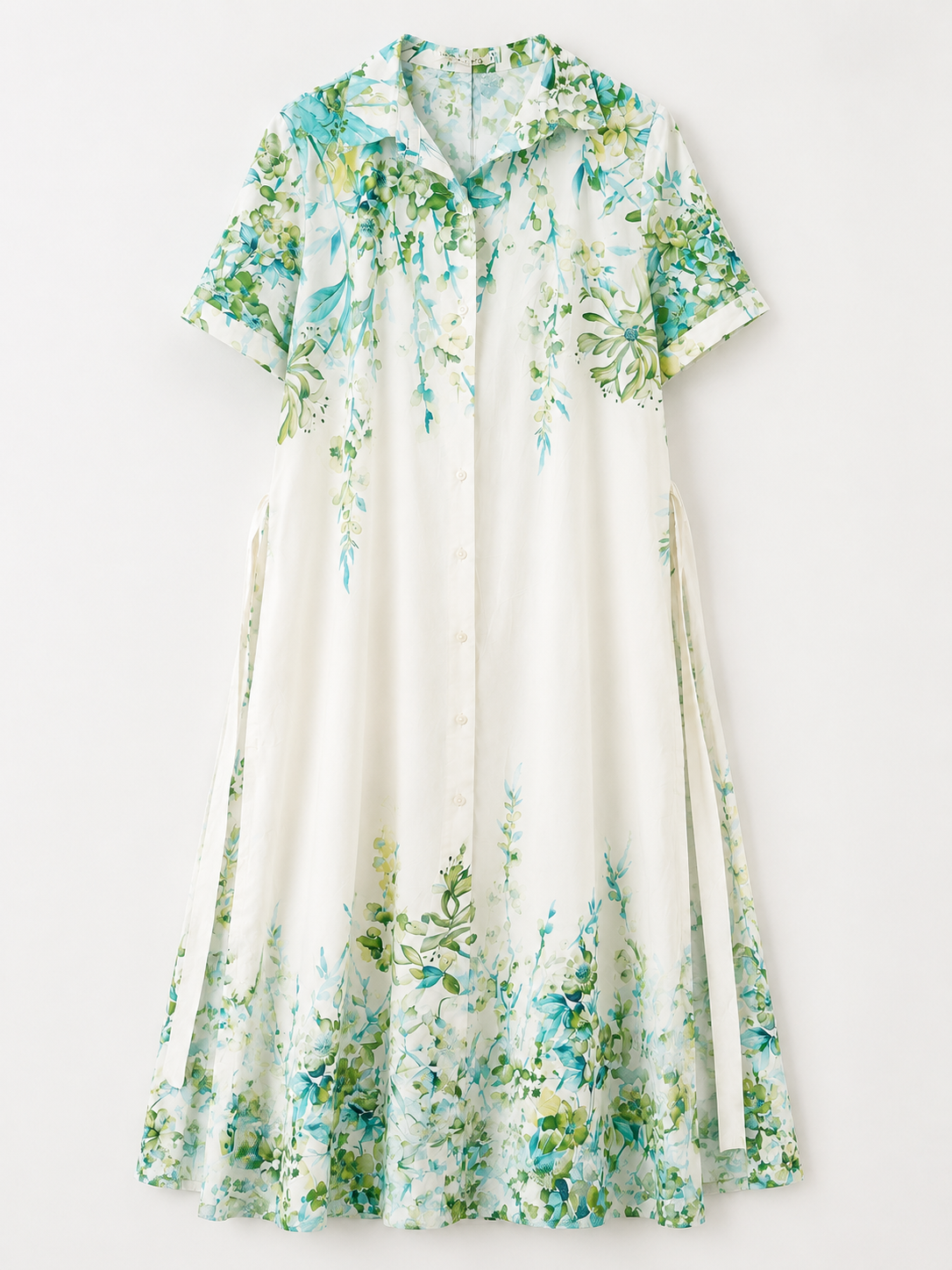 Women's Floral Button-Down Midi Shirt Dress – White & Green