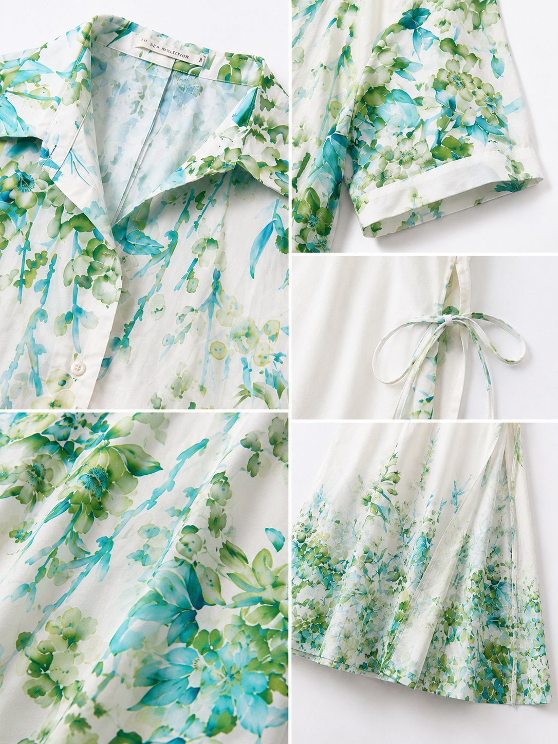 Robe chemise mi-longue boutonnée fleurie pour femme – Blanc et vert
