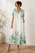Women's Floral Button-Down Midi Shirt Dress – White & Green