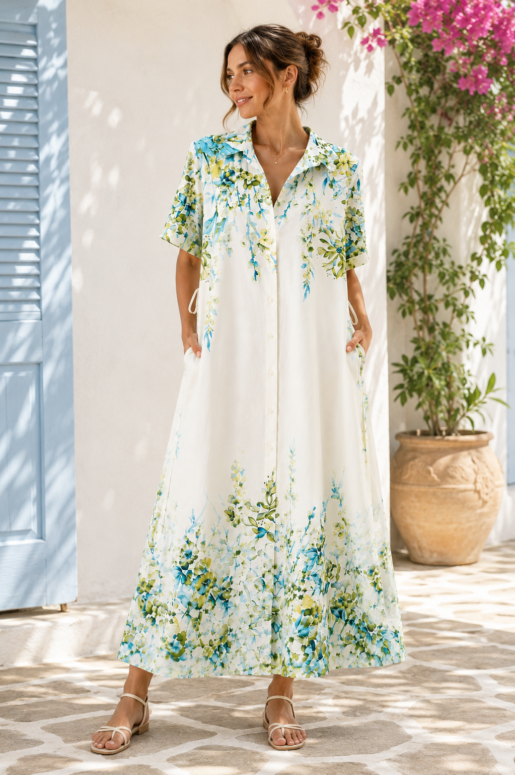 Women's Floral Button-Down Midi Shirt Dress – White & Green