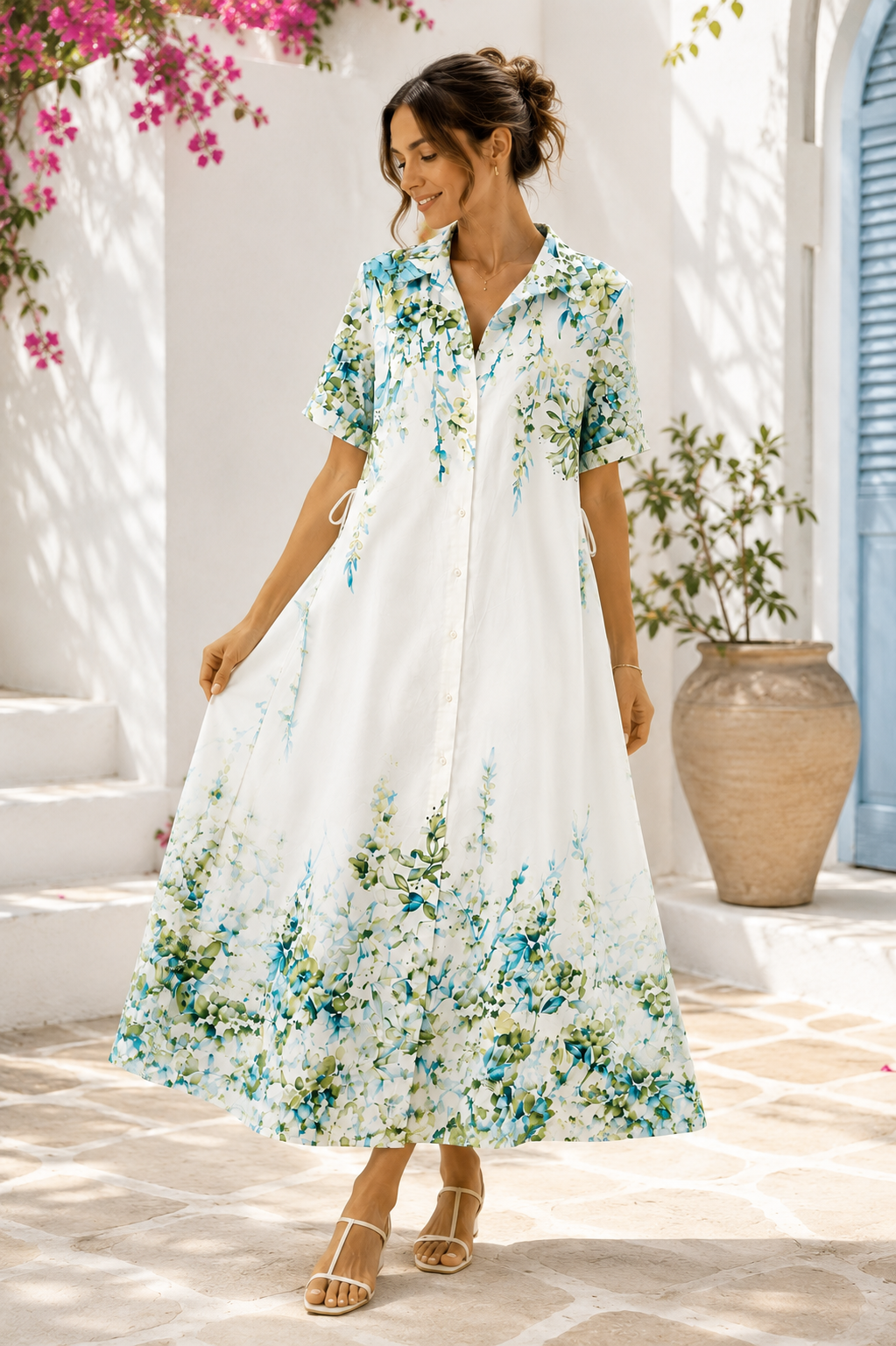 Women's Floral Button-Down Midi Shirt Dress – White & Green