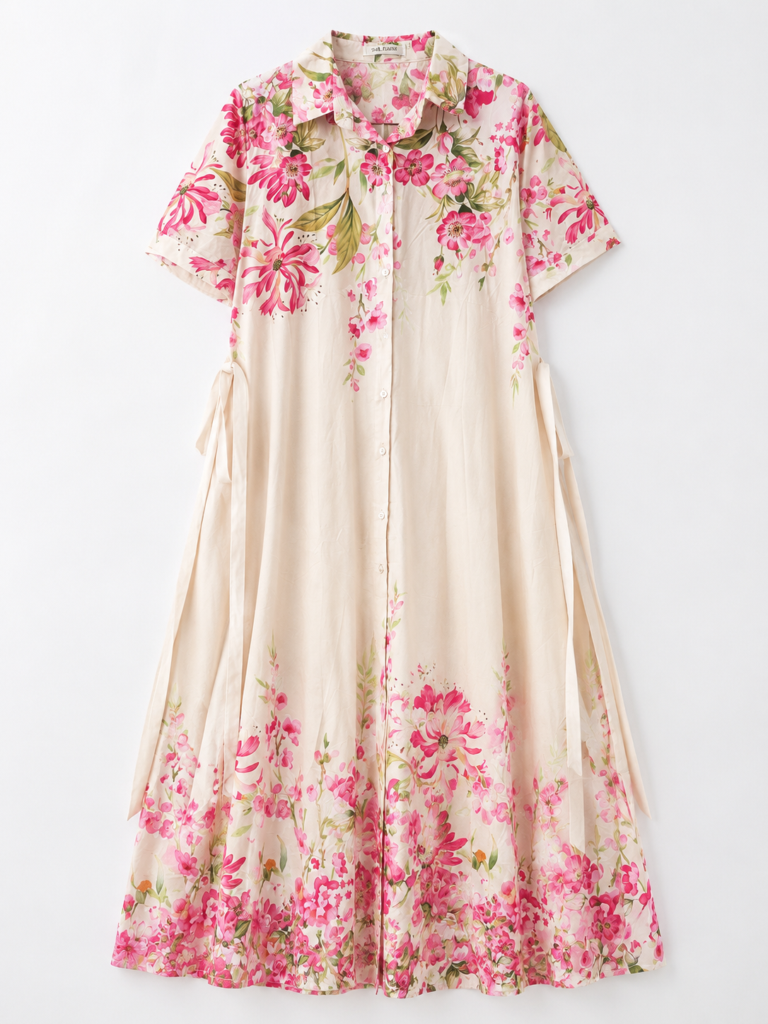 Women's Floral Button-Down Midi Shirt Dress – Ivory & Pink