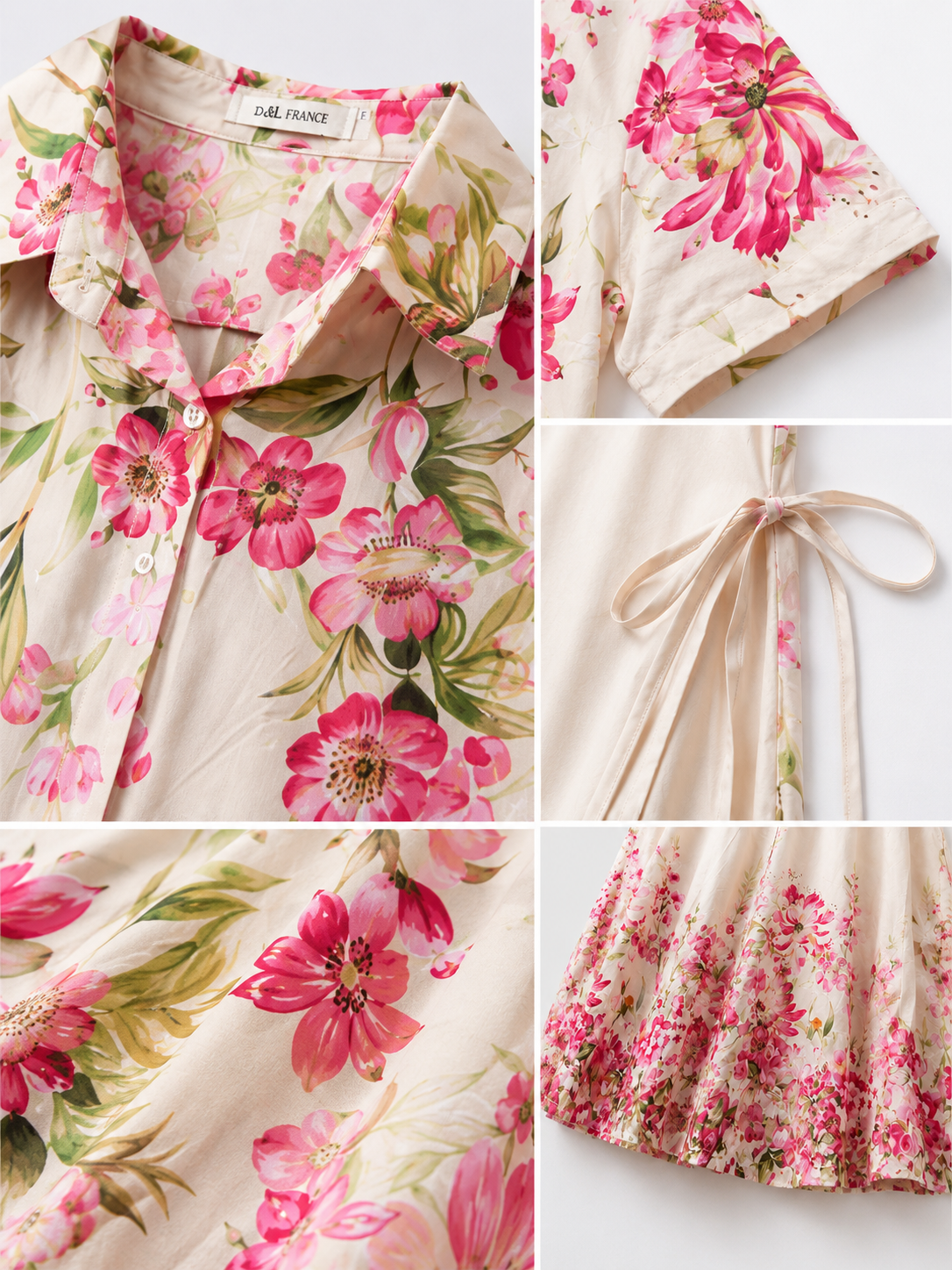 Robe-chemise midi boutonnée fleurie pour femme – Ivoire et rose