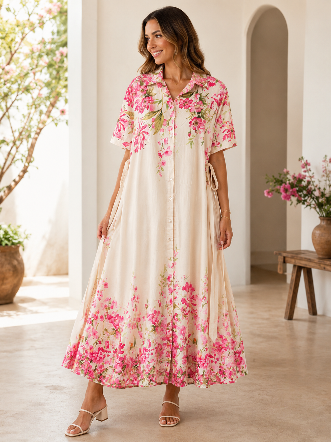 Women's Floral Button-Down Midi Shirt Dress – Ivory & Pink