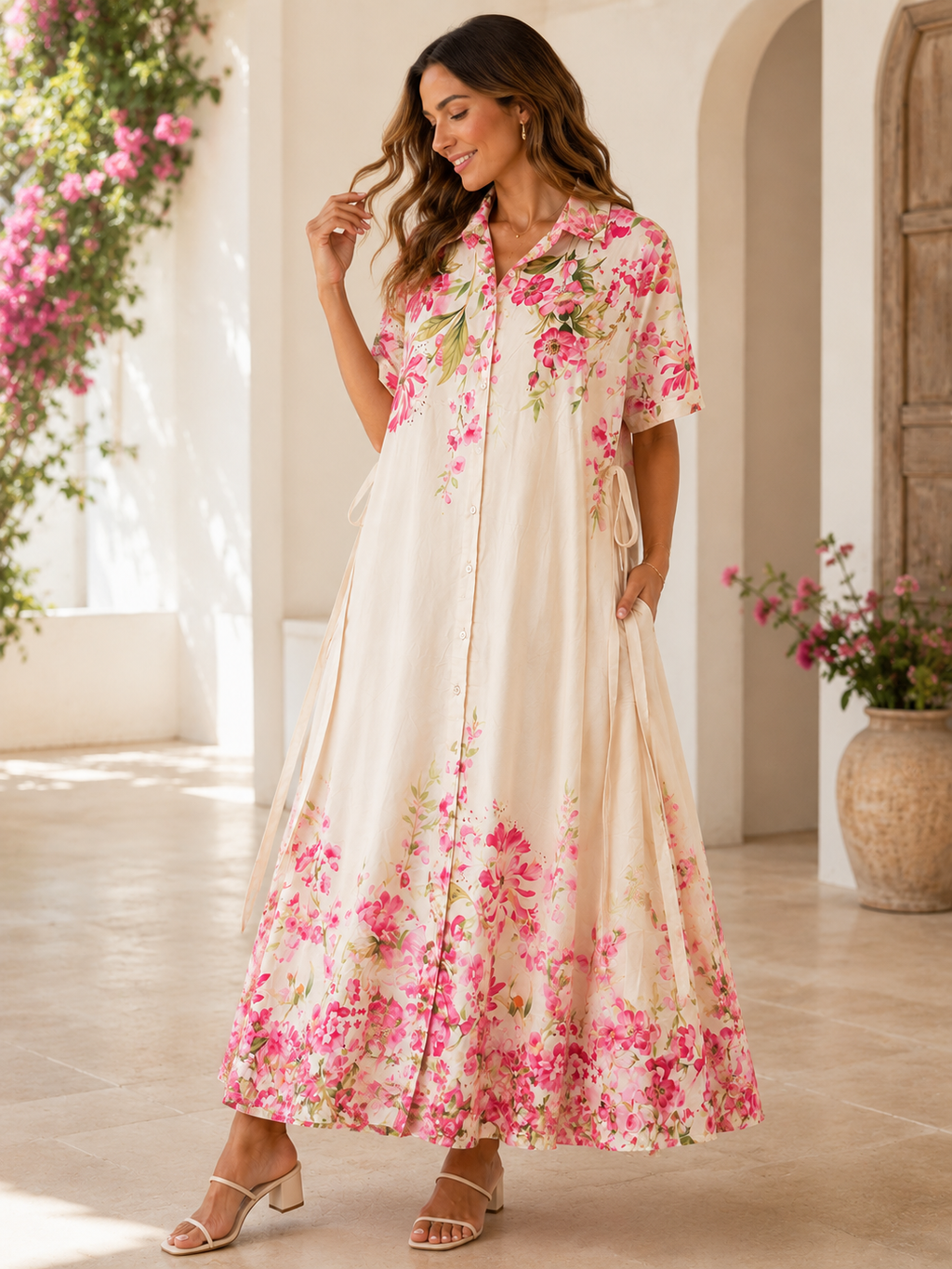 Women's Floral Button-Down Midi Shirt Dress – Ivory & Pink