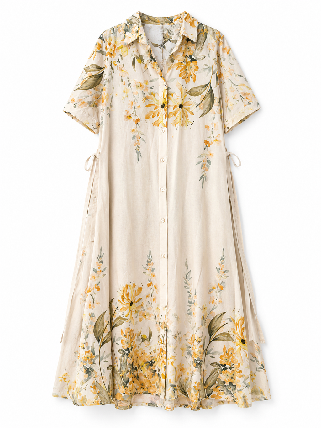 Women's Floral Button-Down Midi Shirt Dress – Ivory & Yellow