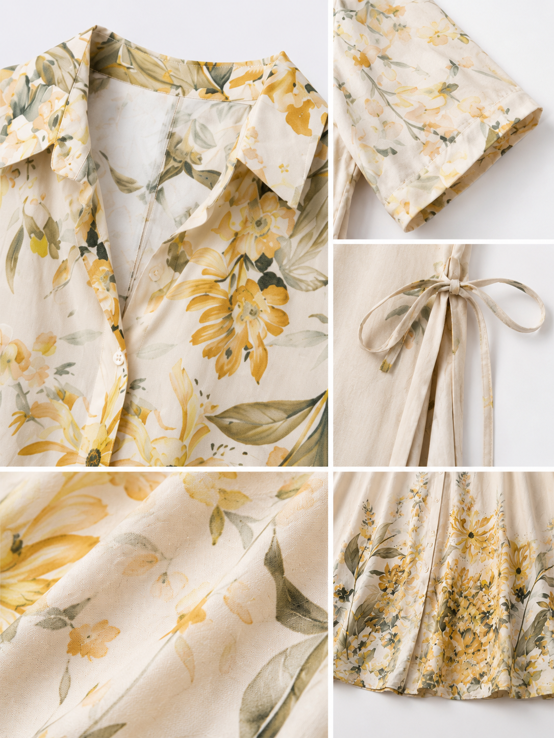 Florales Midi-Hemdblusenkleid für Damen – Elfenbein & Gelb