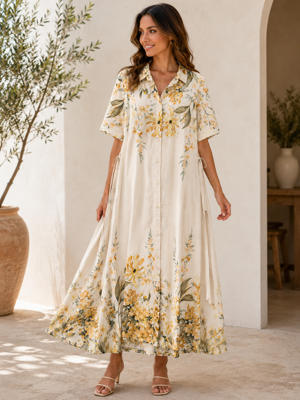 Women's Floral Button-Down Midi Shirt Dress – Ivory & Yellow