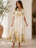 Women's Floral Button-Down Midi Shirt Dress – Ivory & Yellow