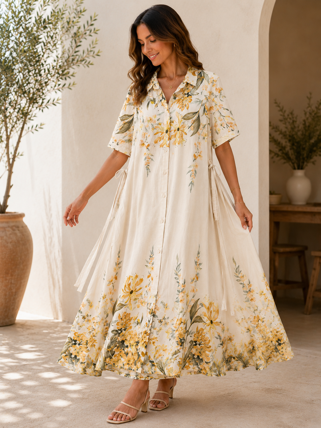Women's Floral Button-Down Midi Shirt Dress – Ivory & Yellow