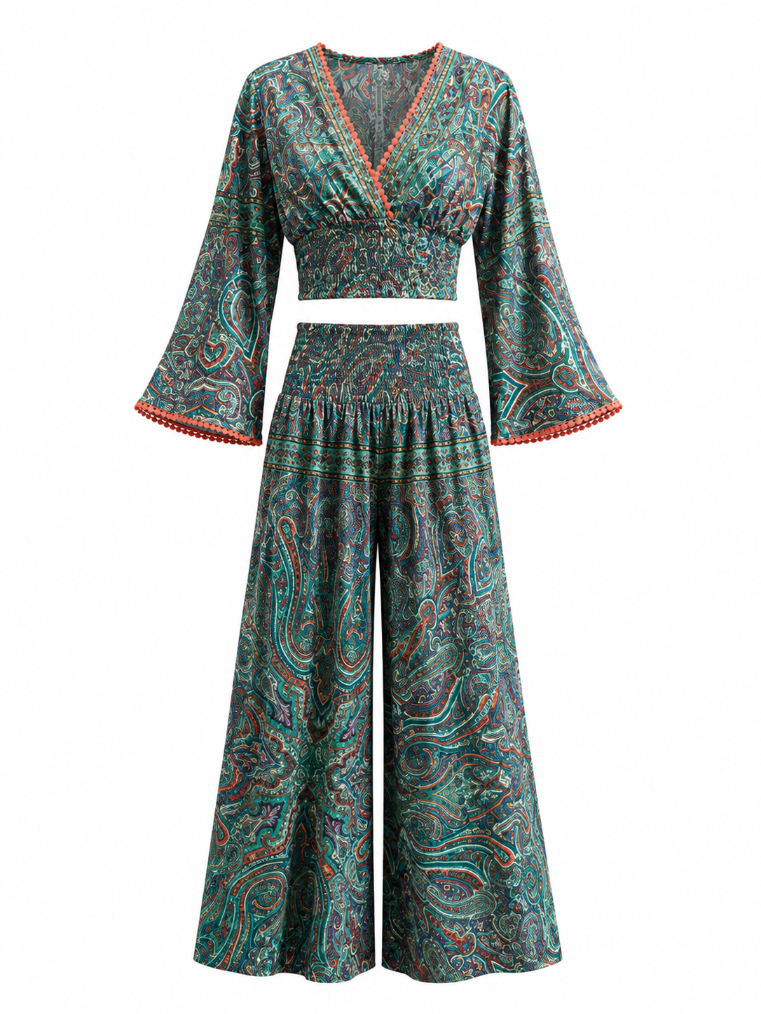 Ensemble deux pièces bohème imprimé cachemire – Vert sarcelle