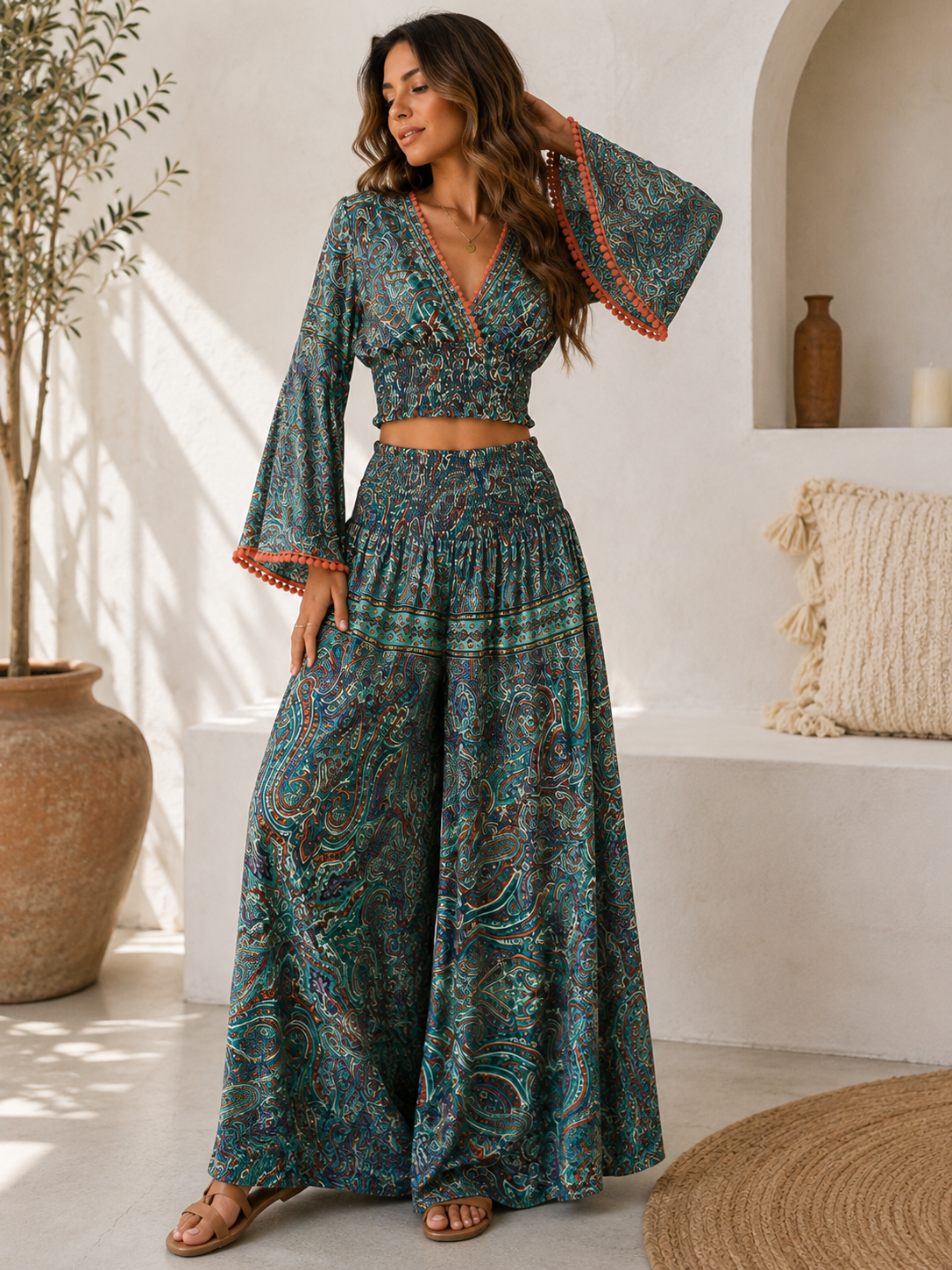 Ensemble deux pièces bohème imprimé cachemire – Vert sarcelle