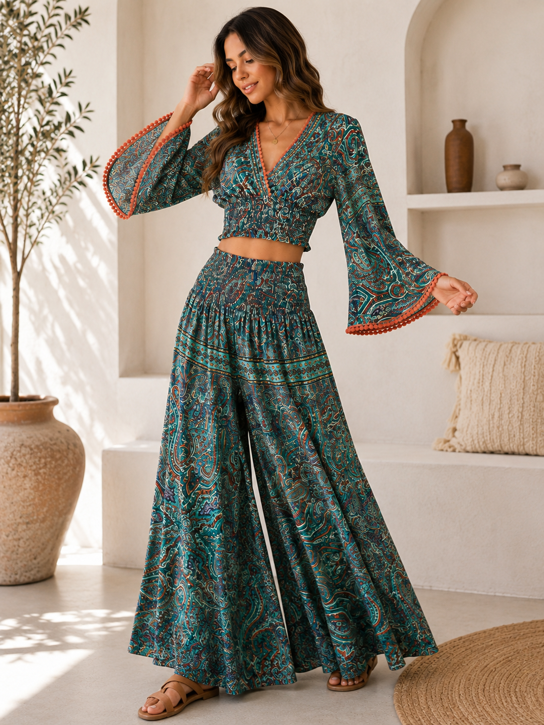 Ensemble deux pièces bohème imprimé cachemire – Vert sarcelle